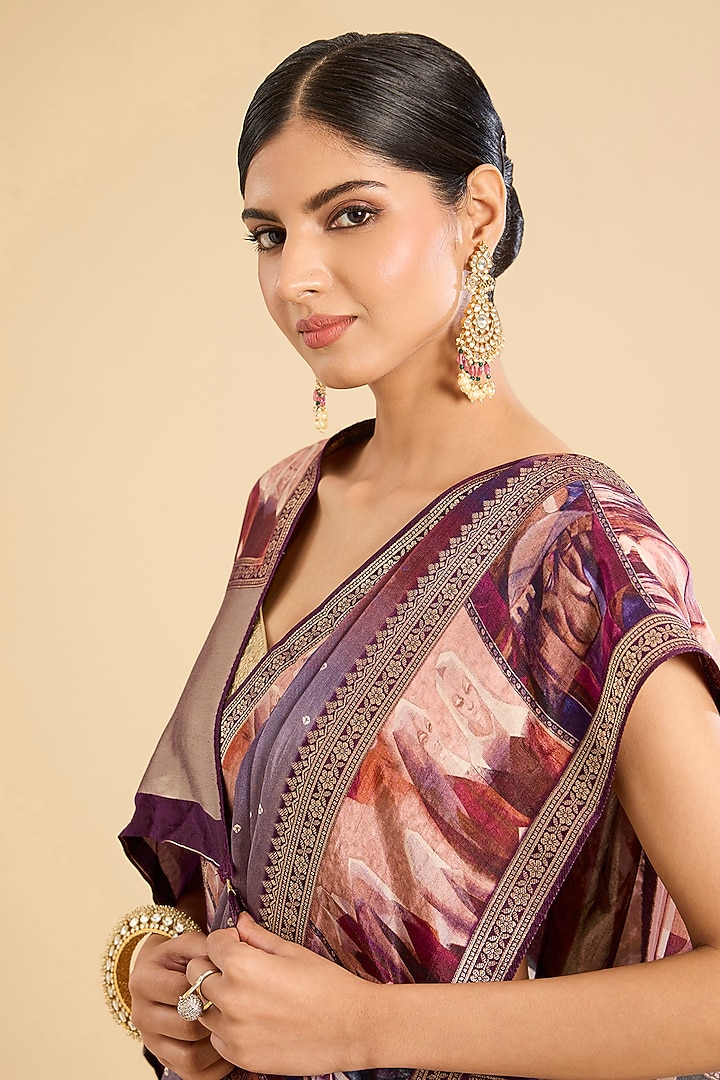 Wine Georgette Printed Festive Saree Set by NARMADESHWARI at Pernia's Pop Up Shop