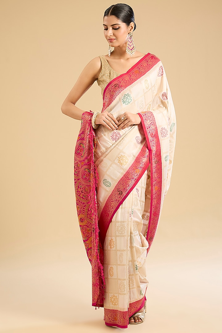 Cream Banarasi Silk Embroidered Festive Saree Set by NARMADESHWARI at Pernia's Pop Up Shop