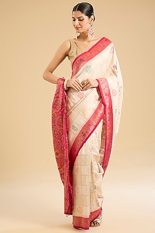Cream Banarasi Silk Embroidered Saree Set by NARMADESHWARI