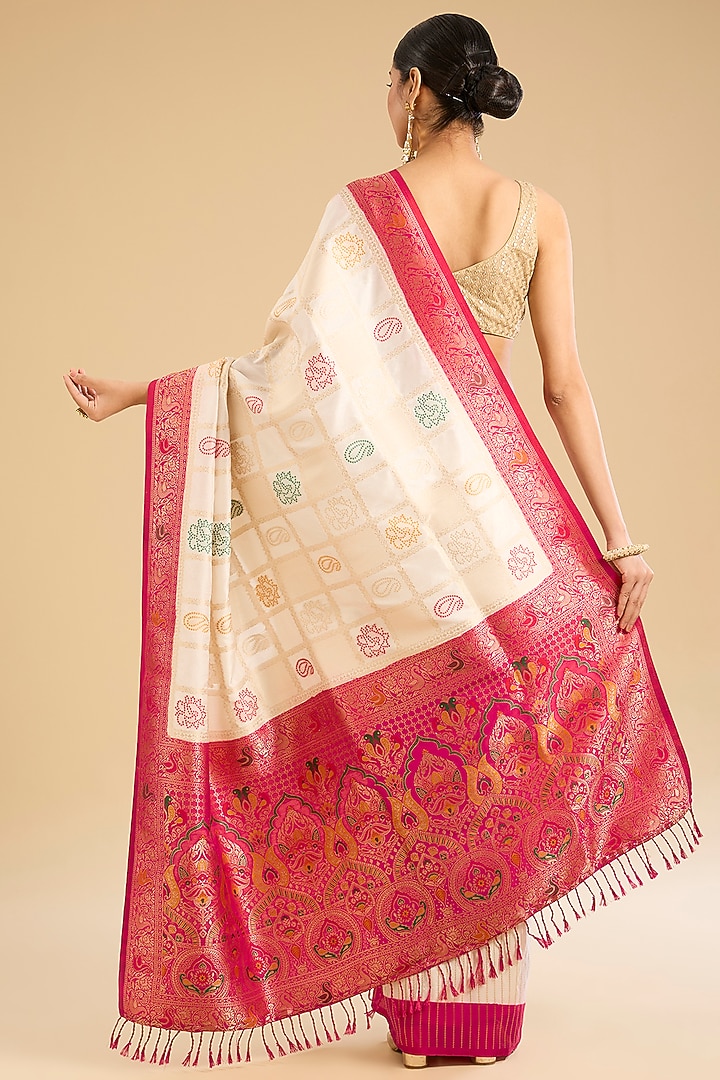 Cream Banarasi Silk Embroidered Festive Saree Set by NARMADESHWARI at Pernia's Pop Up Shop