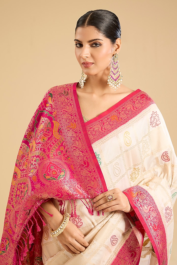 Cream Banarasi Silk Embroidered Festive Saree Set by NARMADESHWARI at Pernia's Pop Up Shop