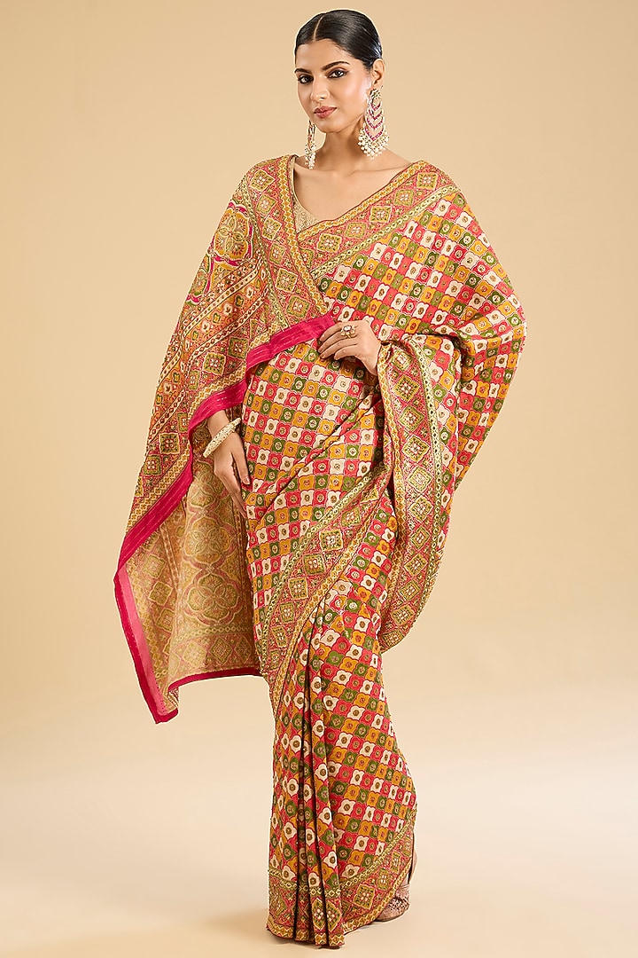 Multi-Colored Satin Silk Embroidered Festive Saree Set by NARMADESHWARI at Pernia's Pop Up Shop
