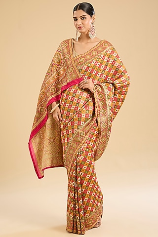 Multi-Colored Satin Silk Embroidered Saree Set by NARMADESHWARI