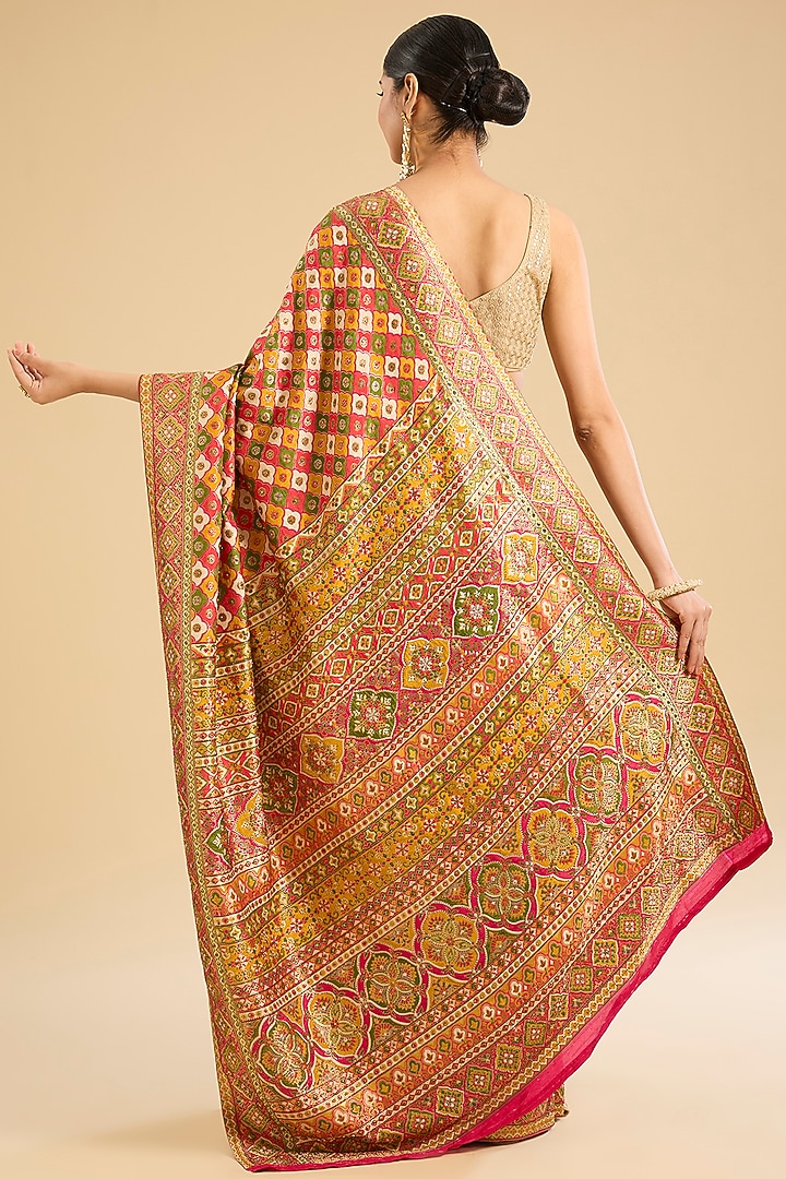 Multi-Colored Satin Silk Embroidered Festive Saree Set by NARMADESHWARI at Pernia's Pop Up Shop