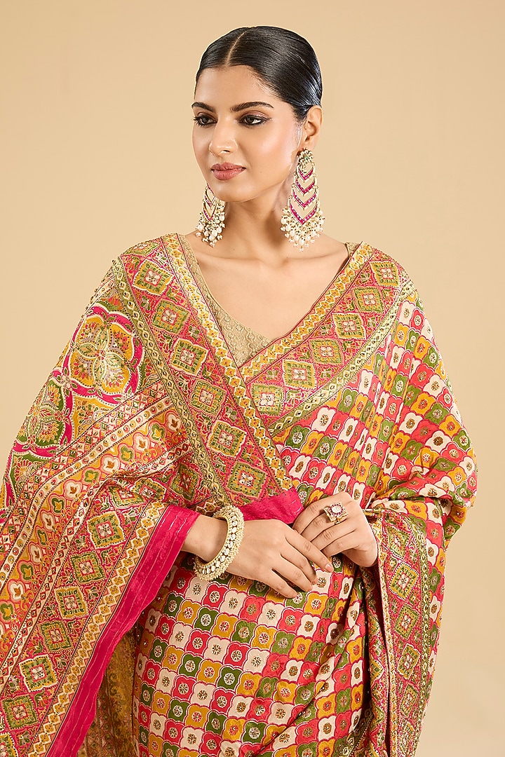 Multi-Colored Satin Silk Embroidered Festive Saree Set by NARMADESHWARI at Pernia's Pop Up Shop