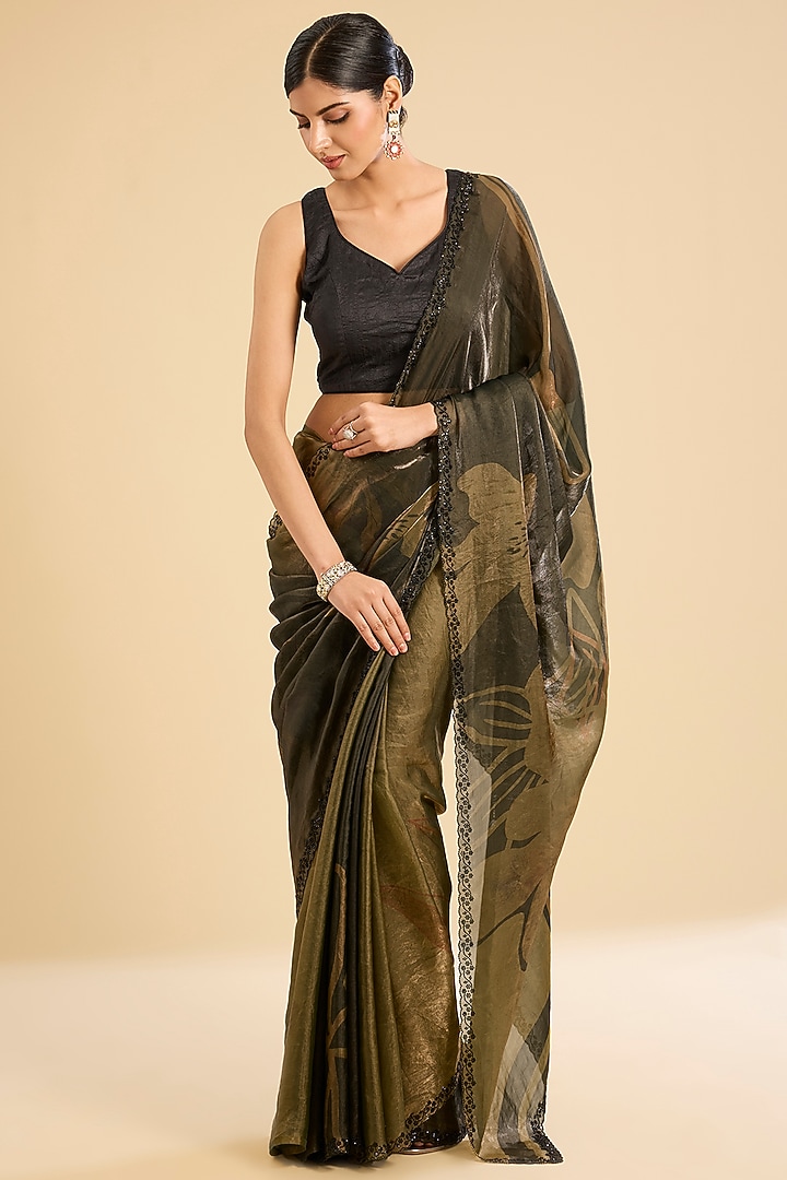 Green Tissue Embroidered & Printed Festive Saree Set by NARMADESHWARI at Pernia's Pop Up Shop