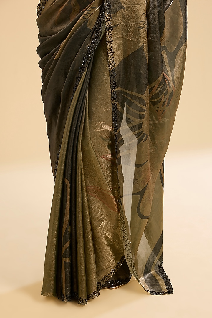 Green Tissue Embroidered & Printed Festive Saree Set by NARMADESHWARI at Pernia's Pop Up Shop