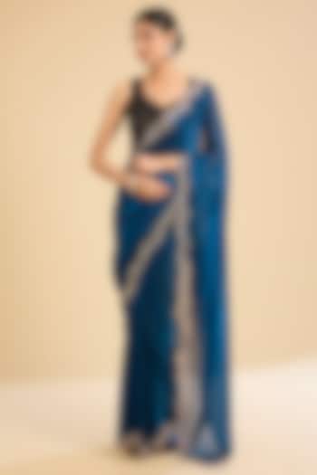 Midnight Metallic Blue Organza Swarovski Embellished Festive Saree Set by NARMADESHWARI at Pernia's Pop Up Shop