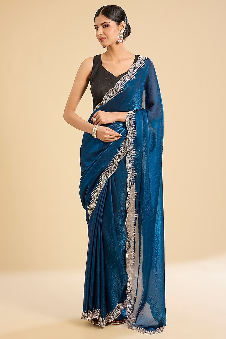 Midnight Metallic Blue Organza Swarovski Embellished Festive Saree Set by NARMADESHWARI at Pernia's Pop Up Shop