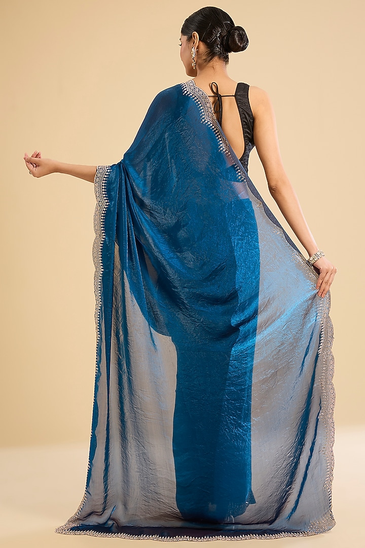 Midnight Metallic Blue Organza Swarovski Embellished Festive Saree Set by NARMADESHWARI at Pernia's Pop Up Shop