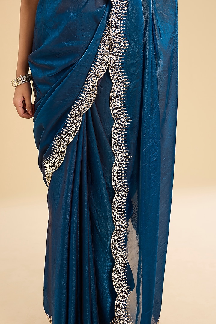 Midnight Metallic Blue Organza Swarovski Embellished Festive Saree Set by NARMADESHWARI at Pernia's Pop Up Shop