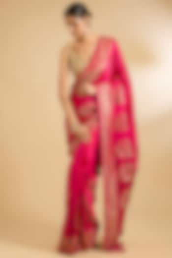 Pink Satin Silk Sequins Embroidered Party Wear Saree Set by NARMADESHWARI at Pernia's Pop Up Shop