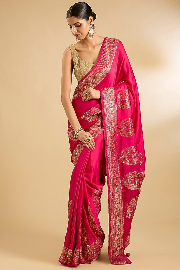 Pink Satin Silk Sequins Embroidered Party Wear Saree Set by NARMADESHWARI at Pernia's Pop Up Shop