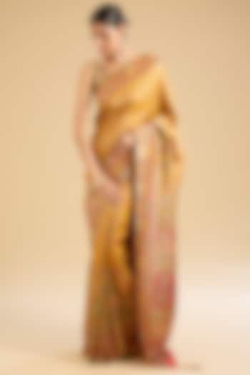 Mustard Satin Silk Embroidered Festive Saree Set by NARMADESHWARI at Pernia's Pop Up Shop