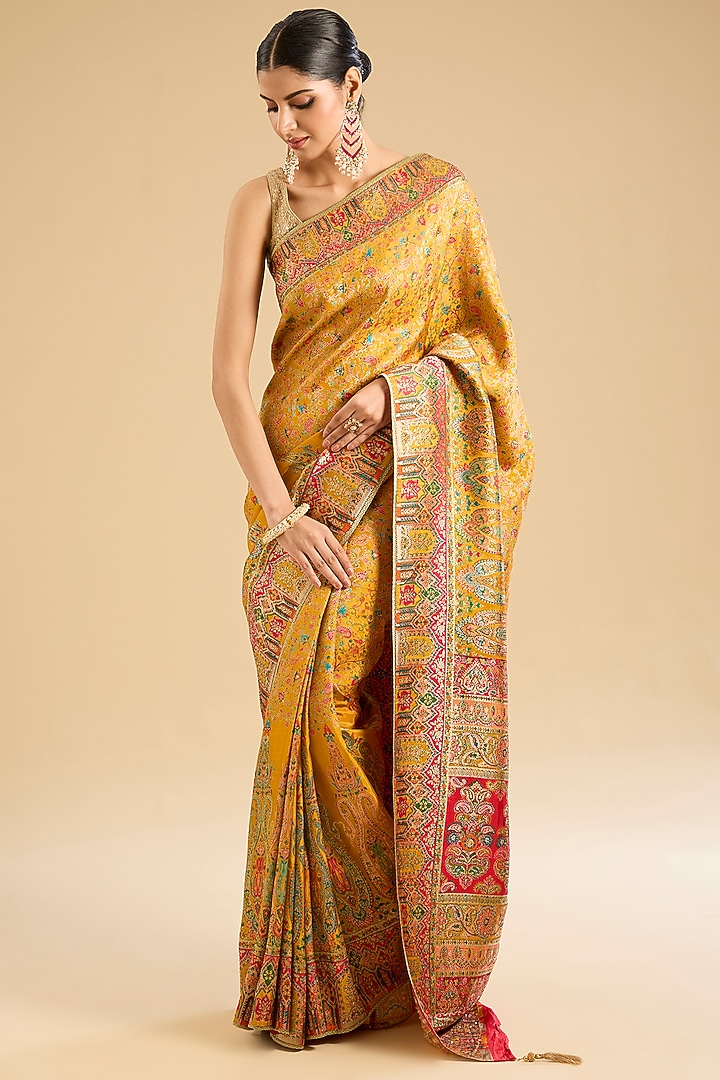 Mustard Satin Silk Embroidered Festive Saree Set by NARMADESHWARI at Pernia's Pop Up Shop
