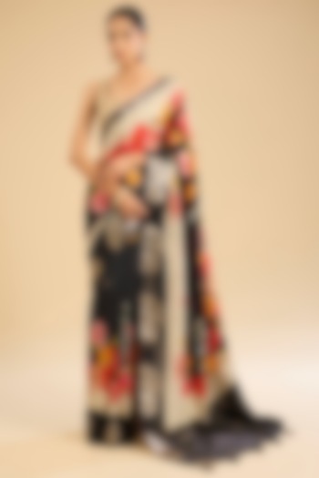 Black Crepe Satin Silk Embroidered Festive Saree Set by NARMADESHWARI at Pernia's Pop Up Shop