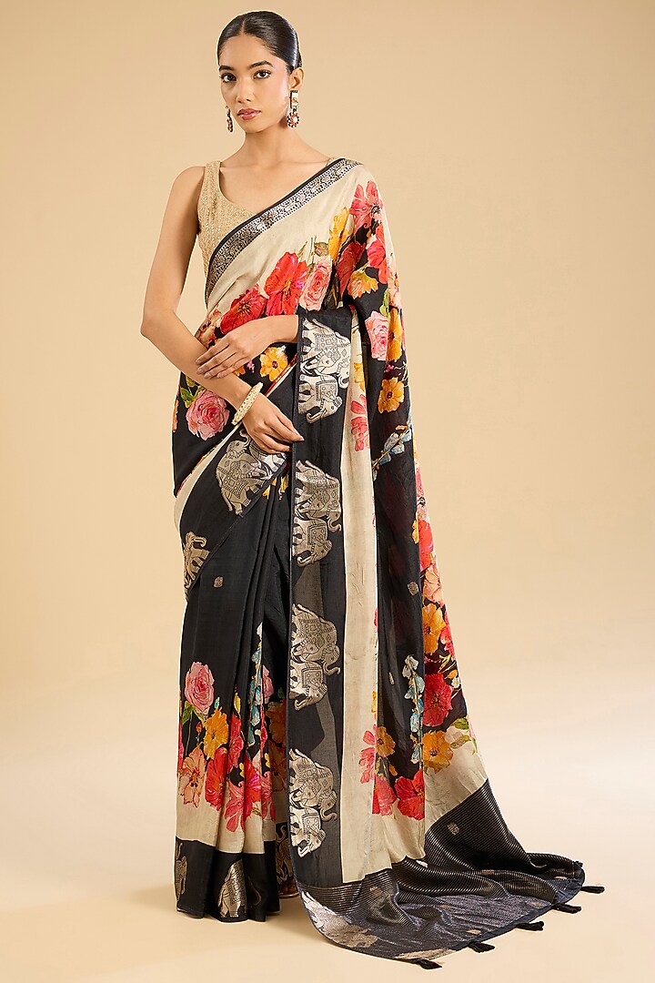 Black Crepe Satin Silk Embroidered Festive Saree Set by NARMADESHWARI at Pernia's Pop Up Shop
