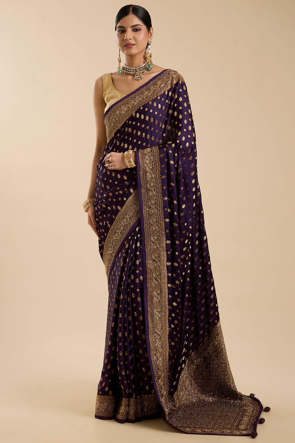 NARMADESHWARI Purple Satin Silk Zari & Cutdana Embroidered Saree Set