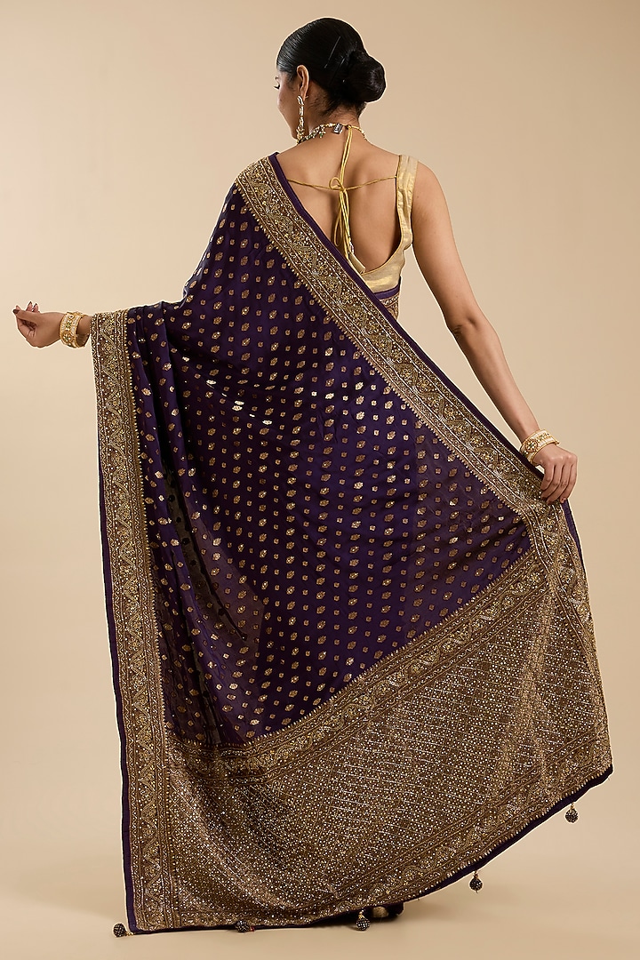 Purple Satin Silk Zari & Cutdana Embroidered Party Wear Saree Set by NARMADESHWARI at Pernia's Pop Up Shop