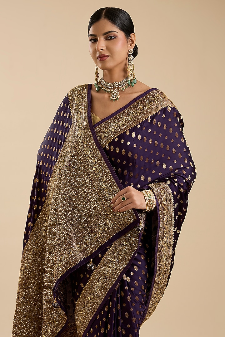 Purple Satin Silk Zari & Cutdana Embroidered Party Wear Saree Set by NARMADESHWARI at Pernia's Pop Up Shop