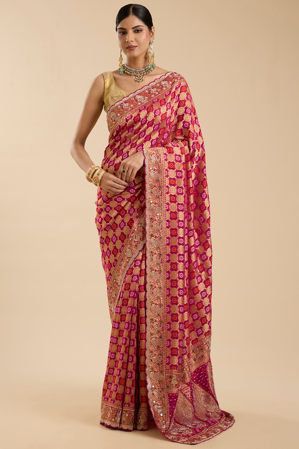 NARMADESHWARI Magenta Khadi Georgette Swarovski Mirror Embroidered Saree Set
