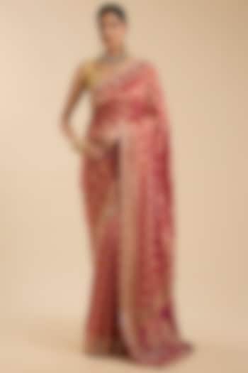 Magenta Khadi Georgette Swarovski Mirror Embroidered Party Wear Saree Set by NARMADESHWARI at Pernia's Pop Up Shop