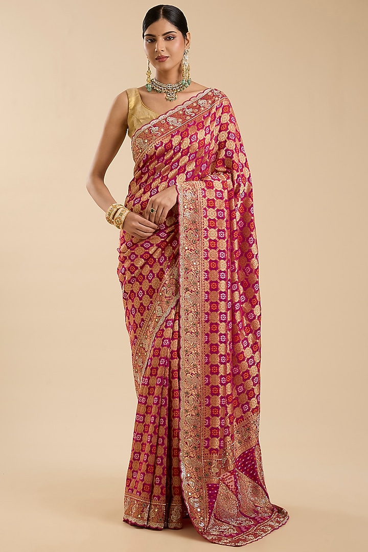 Magenta Khadi Georgette Swarovski Mirror Embroidered Party Wear Saree Set by NARMADESHWARI at Pernia's Pop Up Shop