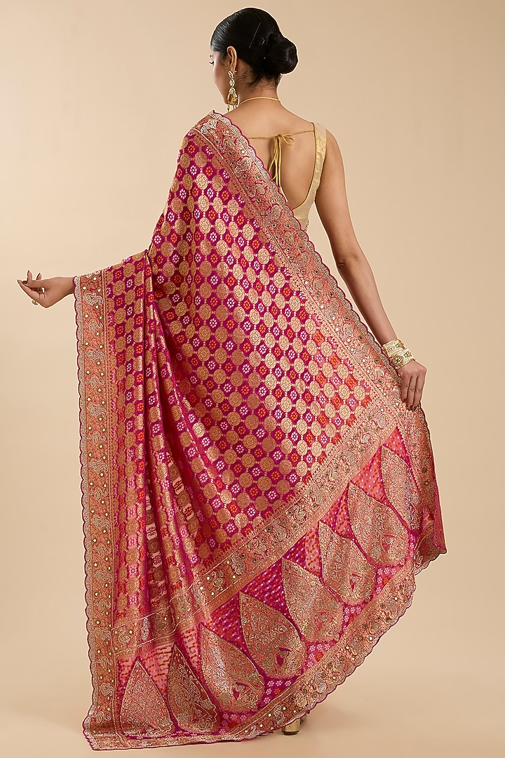 Magenta Khadi Georgette Swarovski Mirror Embroidered Party Wear Saree Set by NARMADESHWARI at Pernia's Pop Up Shop