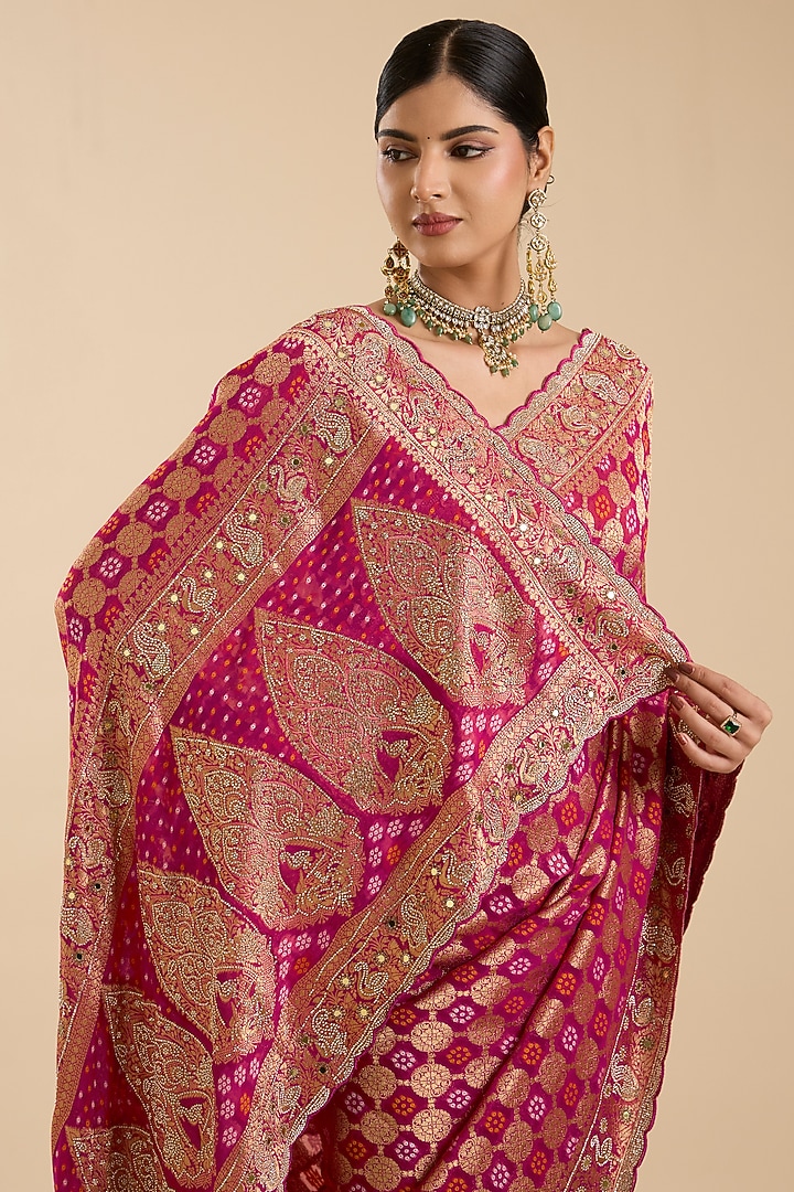 Magenta Khadi Georgette Swarovski Mirror Embroidered Party Wear Saree Set by NARMADESHWARI at Pernia's Pop Up Shop