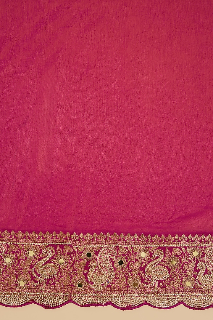 Magenta Khadi Georgette Swarovski Mirror Embroidered Party Wear Saree Set by NARMADESHWARI at Pernia's Pop Up Shop