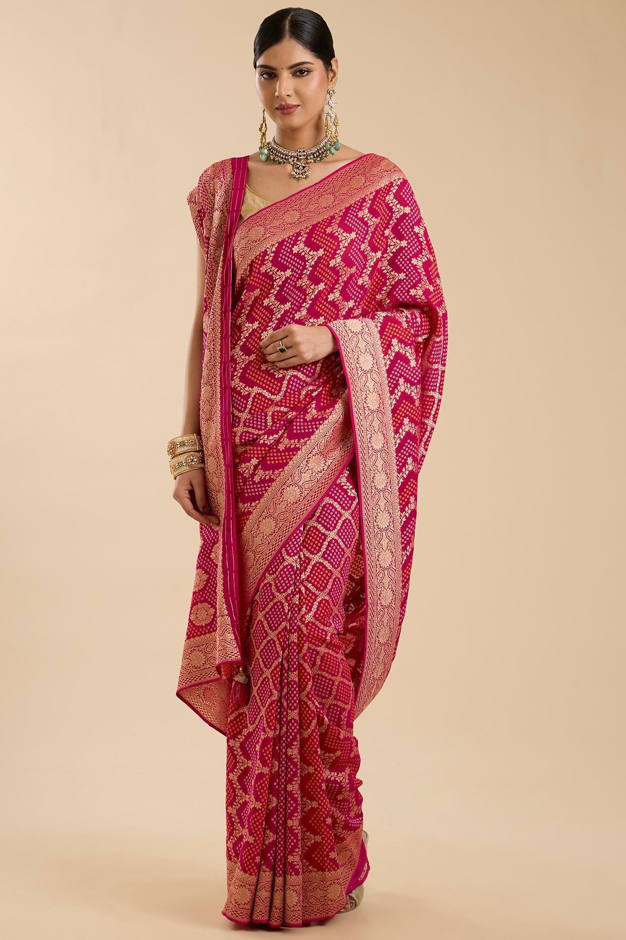 NARMADESHWARI Magenta Pink Khadi Georgette Zari Embroidered Saree Set