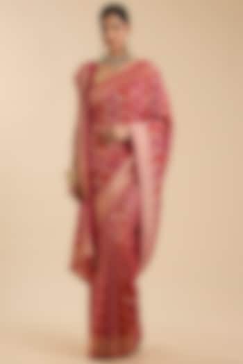 Magenta Pink Khadi Georgette Zari Embroidered Festive Saree Set by NARMADESHWARI at Pernia's Pop Up Shop