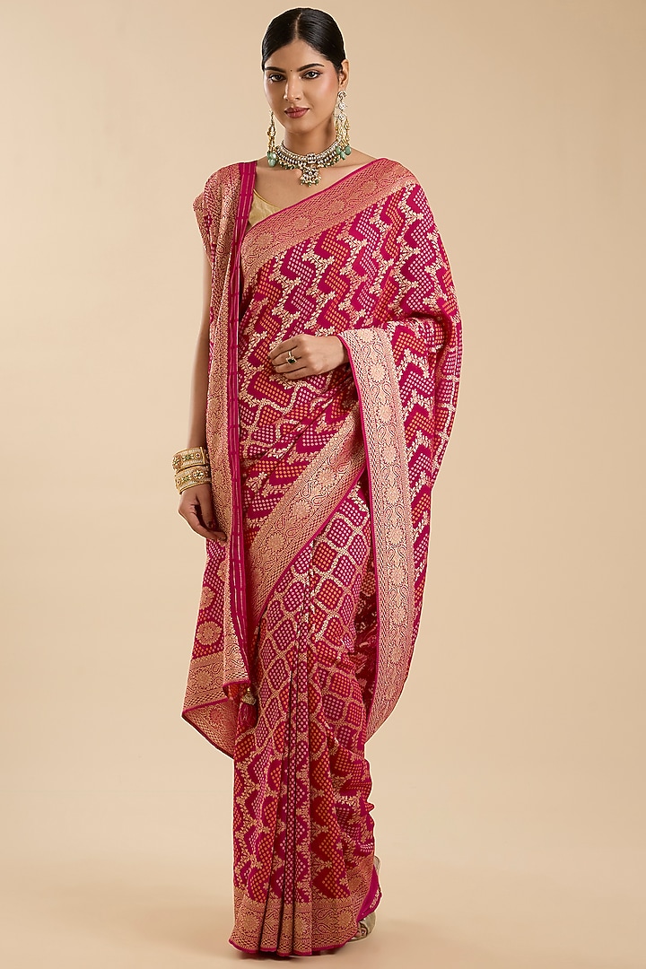 Magenta Pink Khadi Georgette Zari Embroidered Festive Saree Set by NARMADESHWARI at Pernia's Pop Up Shop