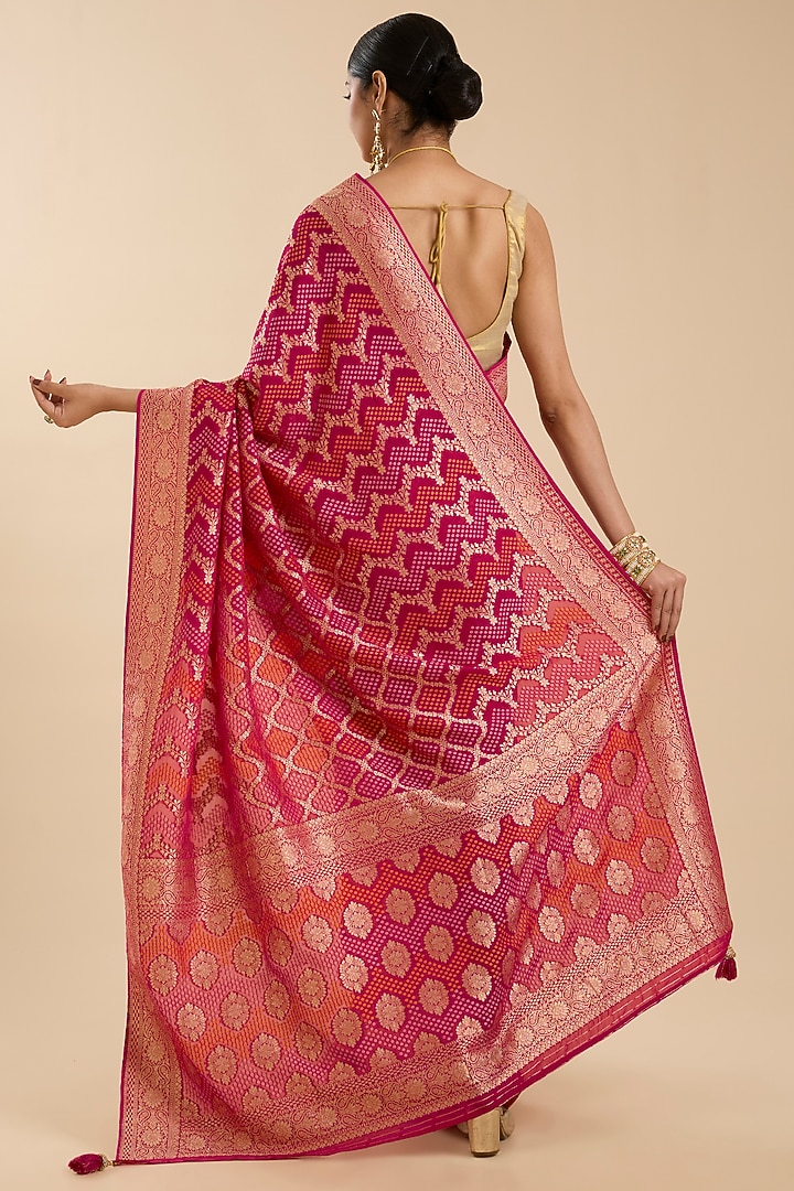 Magenta Pink Khadi Georgette Zari Embroidered Festive Saree Set by NARMADESHWARI at Pernia's Pop Up Shop