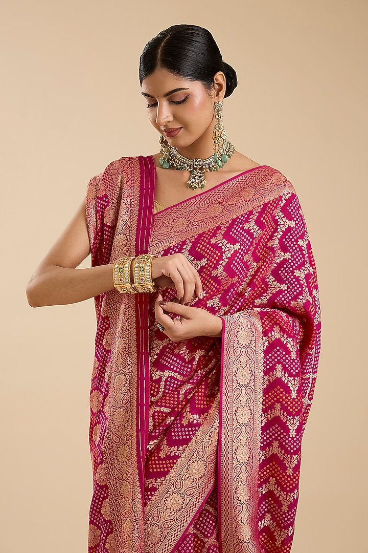 Magenta Pink Khadi Georgette Zari Embroidered Festive Saree Set by NARMADESHWARI at Pernia's Pop Up Shop