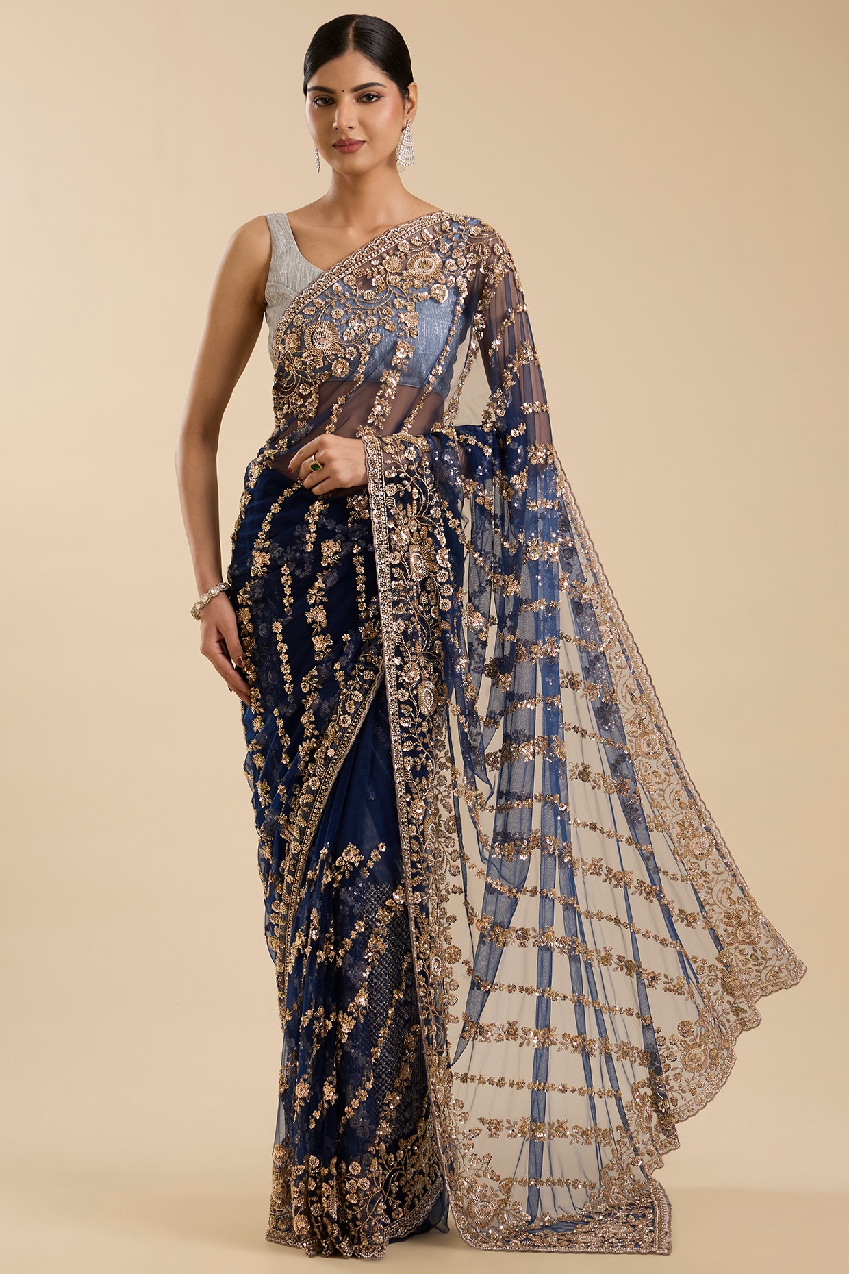 NARMADESHWARI Blue Net Floral Cutdana & Sequin Embellished Saree Set