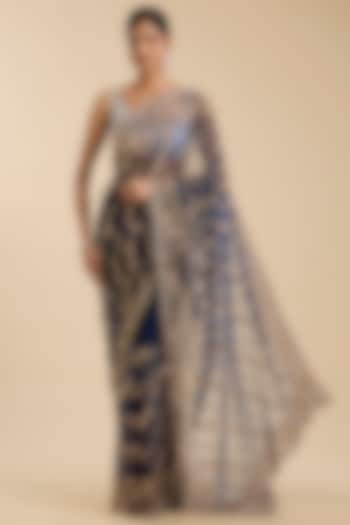 Blue Net Floral Cutdana & Sequin Embellished Party Wear Saree Set by NARMADESHWARI at Pernia's Pop Up Shop