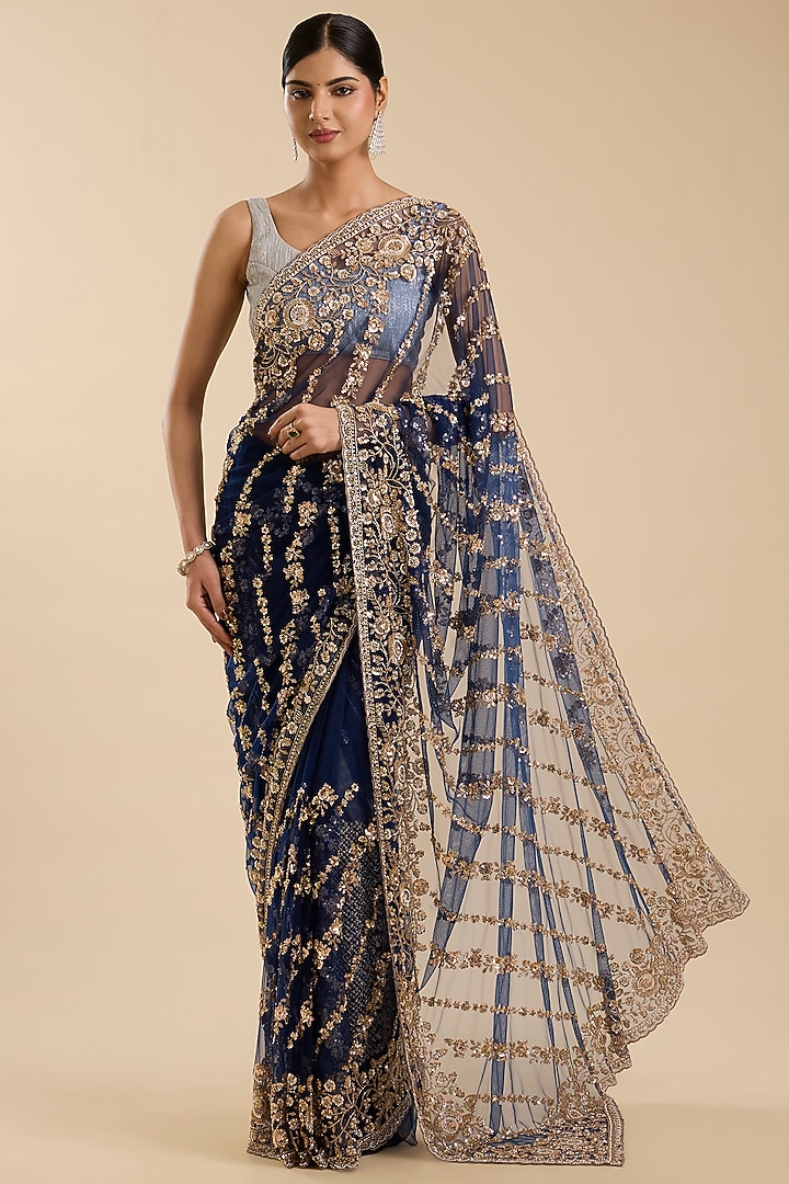 Blue Net Floral Cutdana & Sequin Embellished Party Wear Saree Set by NARMADESHWARI at Pernia's Pop Up Shop