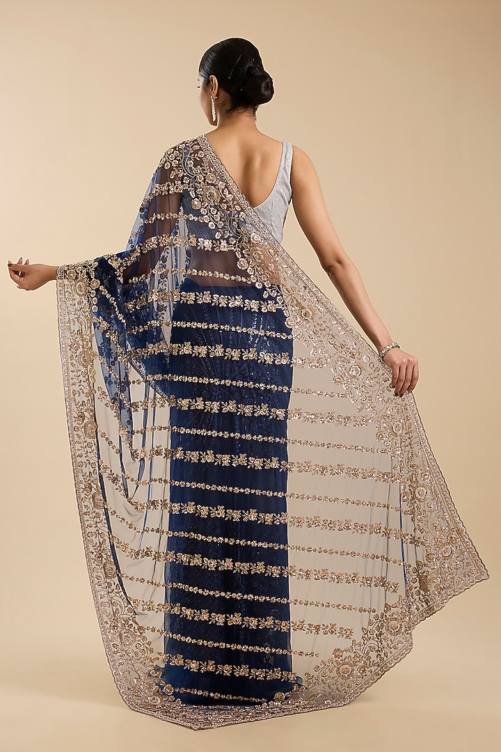 Blue Net Floral Cutdana & Sequin Embellished Party Wear Saree Set by NARMADESHWARI at Pernia's Pop Up Shop