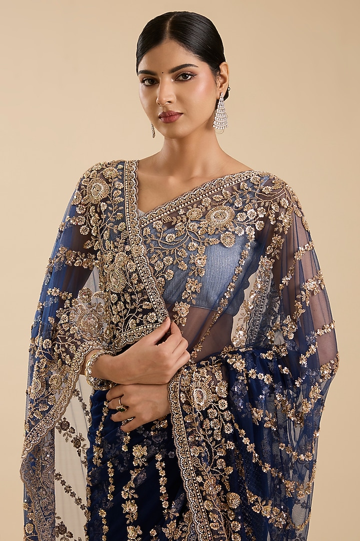 Blue Net Floral Cutdana & Sequin Embellished Party Wear Saree Set by NARMADESHWARI at Pernia's Pop Up Shop