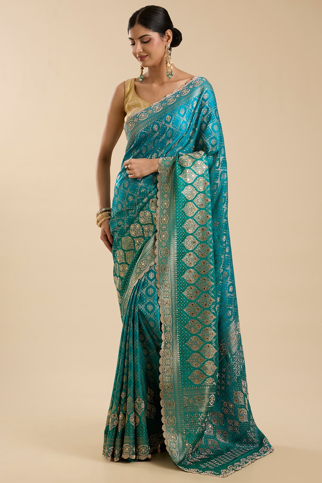 NARMADESHWARI Rama Green Silk Swarovski Mirror Embroidered Saree Set