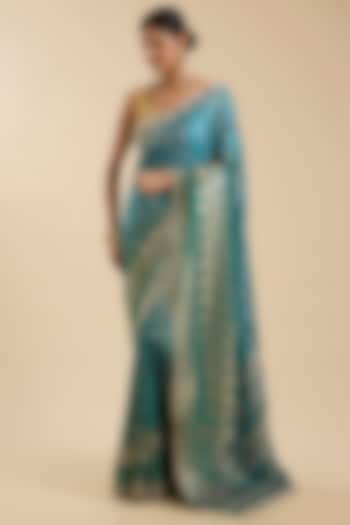 Rama Green Silk Swarovski Mirror Embroidered Party Wear Saree Set by NARMADESHWARI at Pernia's Pop Up Shop