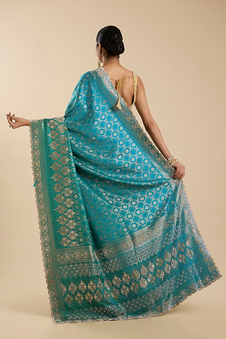 Rama Green Silk Swarovski Mirror Embroidered Party Wear Saree Set by NARMADESHWARI at Pernia's Pop Up Shop