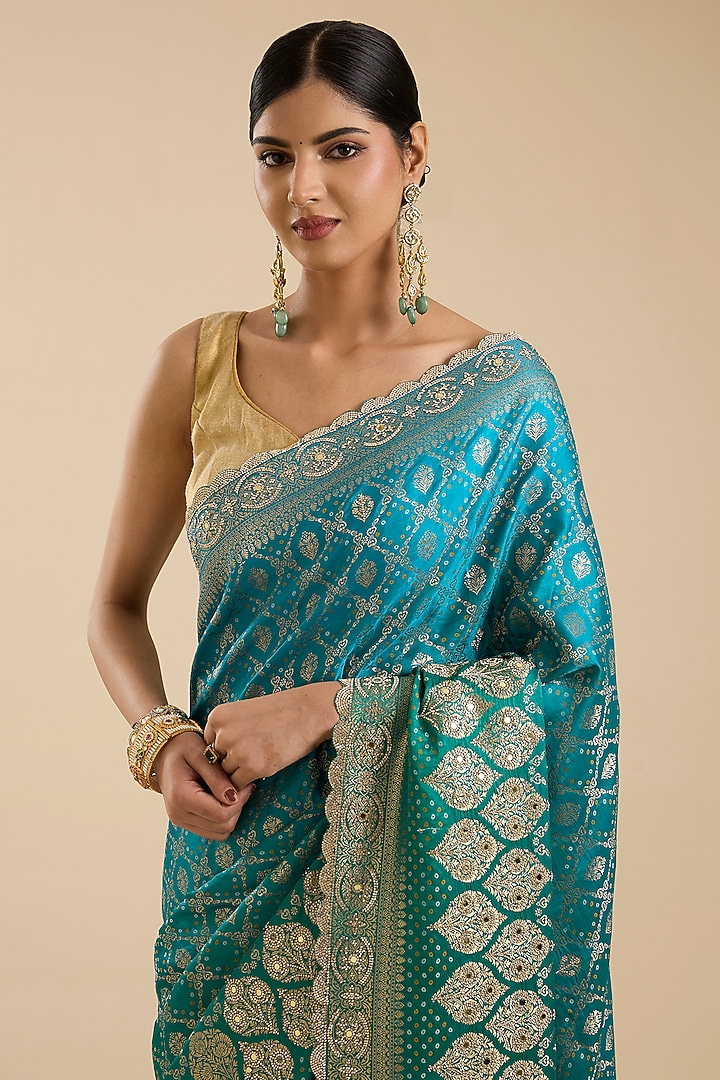 Rama Green Silk Swarovski Mirror Embroidered Party Wear Saree Set by NARMADESHWARI at Pernia's Pop Up Shop