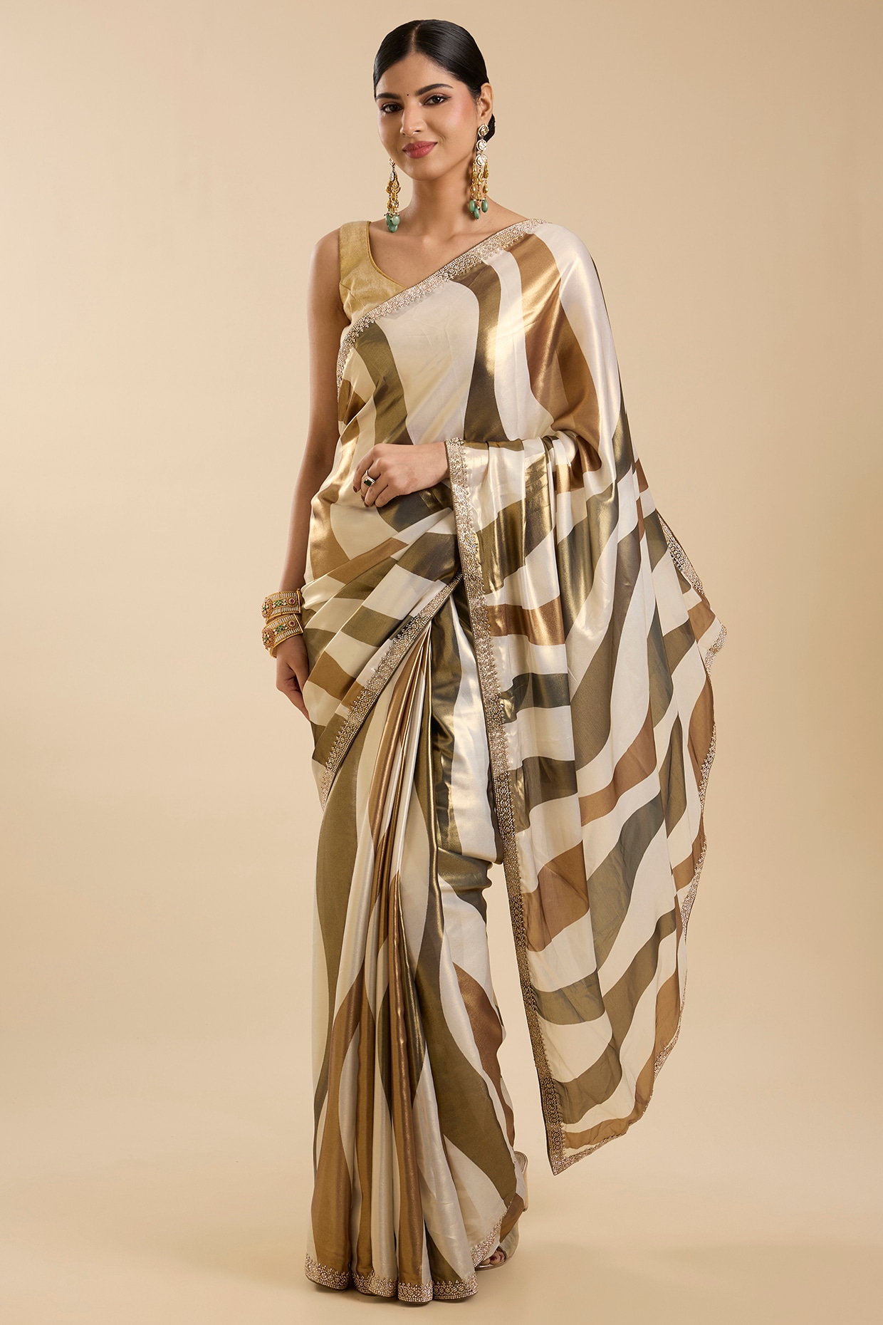NARMADESHWARI Cream & Golden Crepe Sequin Embellished Saree Set