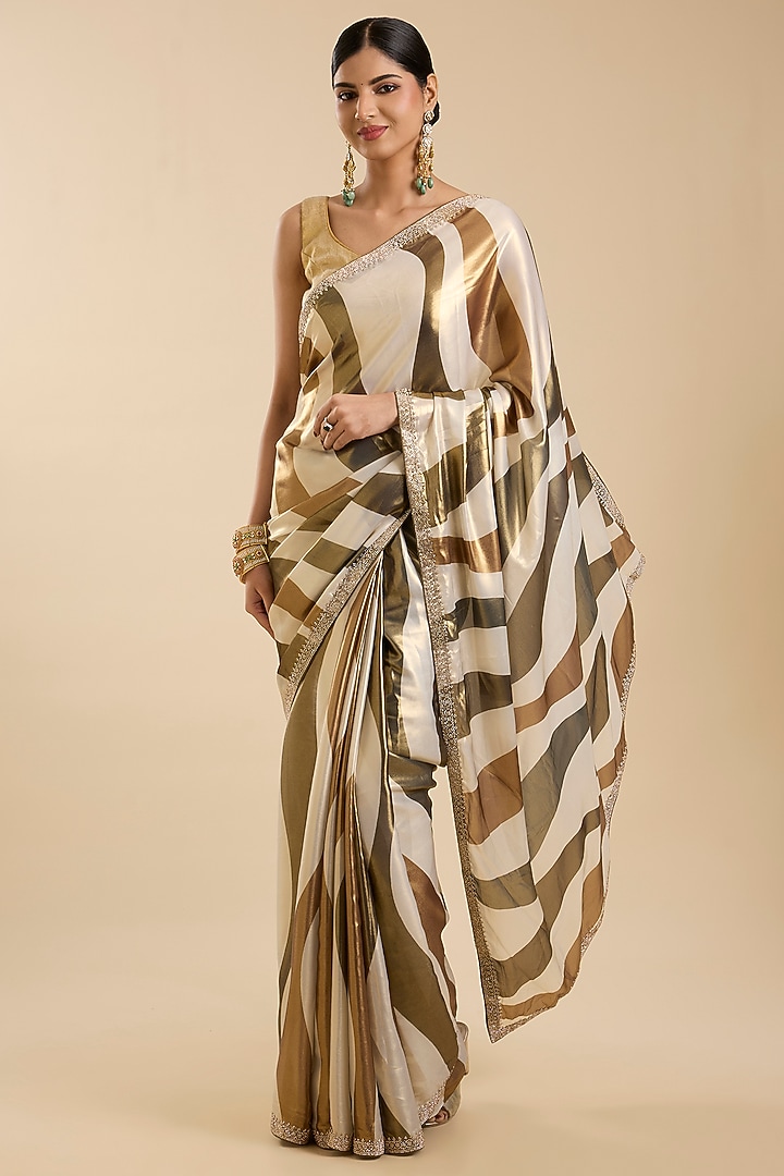 Cream & Golden Crepe Sequin Embellished Festive Saree Set by NARMADESHWARI at Pernia's Pop Up Shop