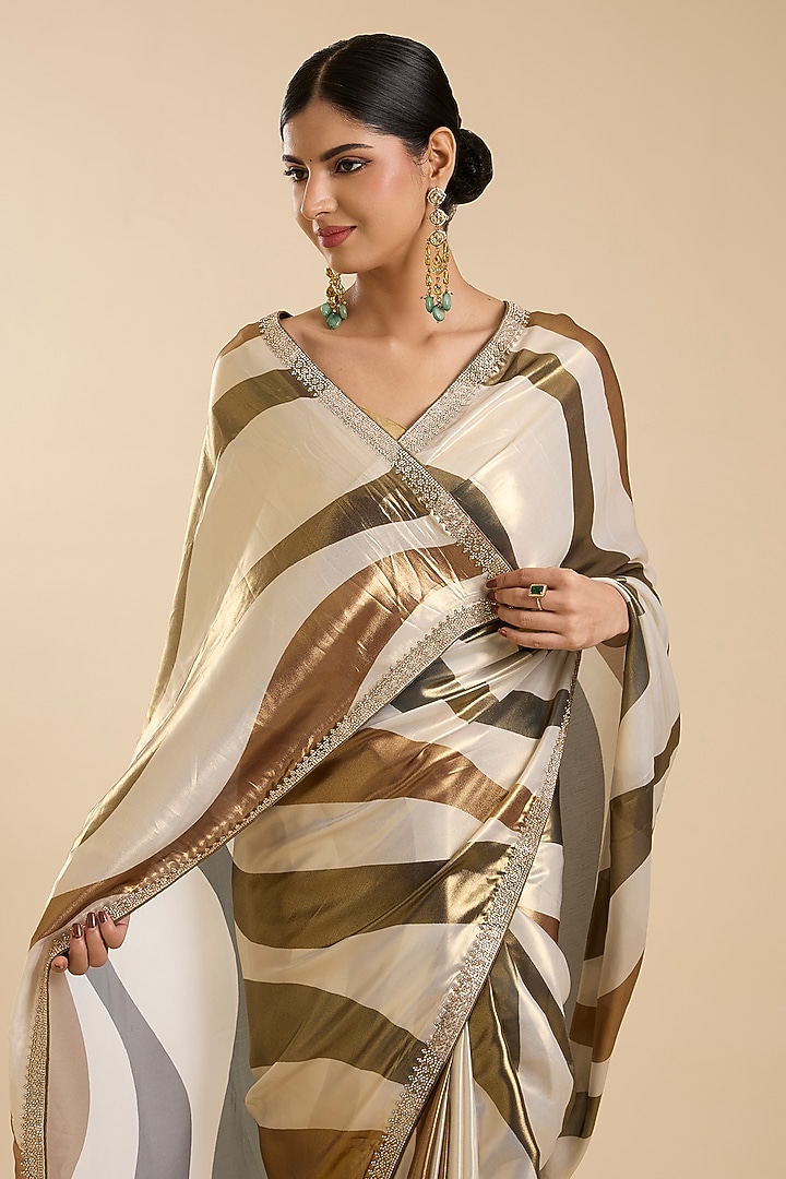 Cream & Golden Crepe Sequin Embellished Festive Saree Set by NARMADESHWARI at Pernia's Pop Up Shop