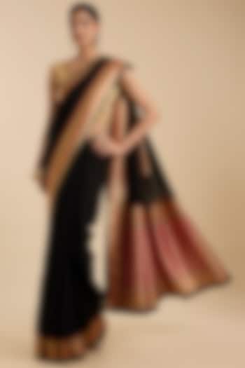 Black Pashmina Silk Zari Embroidered Festive Saree Set by NARMADESHWARI at Pernia's Pop Up Shop