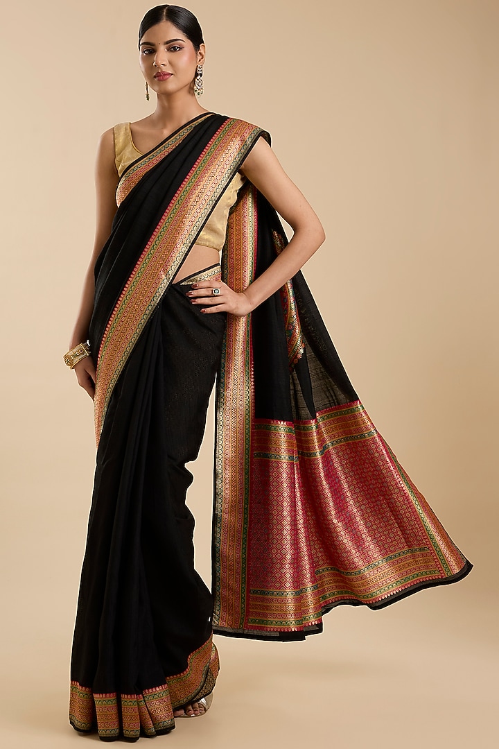 Black Pashmina Silk Zari Embroidered Festive Saree Set by NARMADESHWARI at Pernia's Pop Up Shop