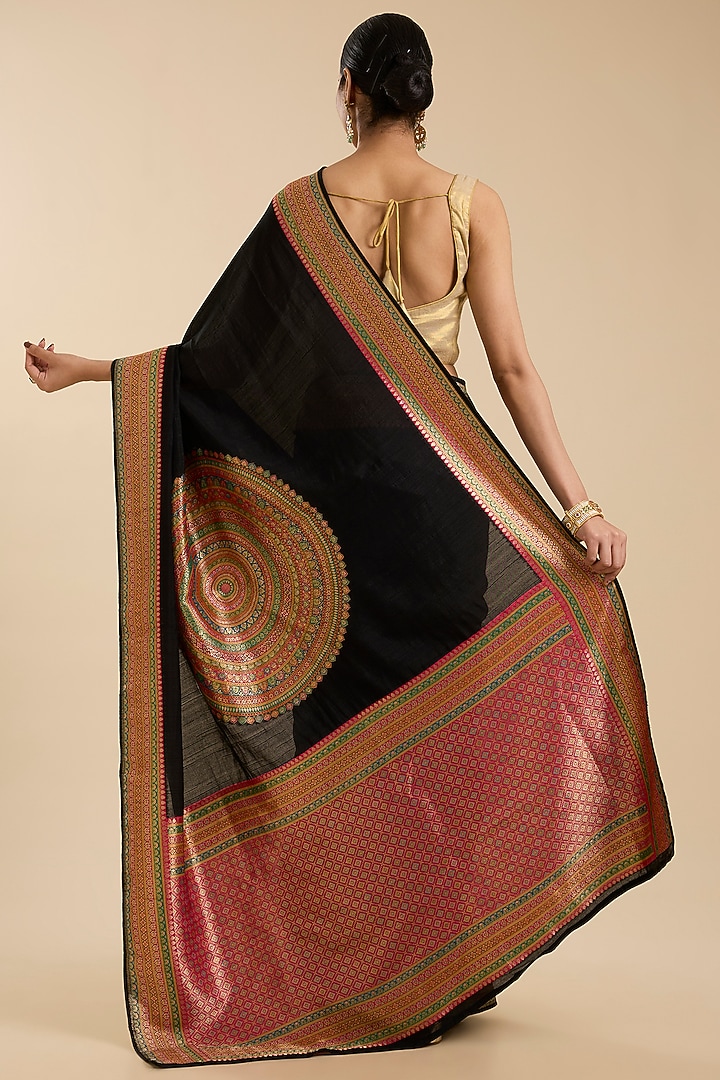 Black Pashmina Silk Zari Embroidered Festive Saree Set by NARMADESHWARI at Pernia's Pop Up Shop